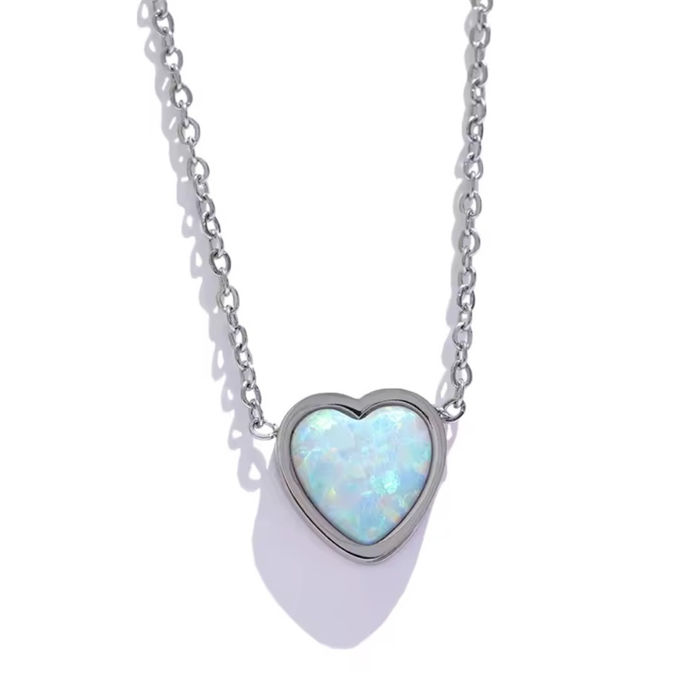 18K White Gold White Fire Opal Heart Natural Gemstone Minimalist Necklace Dainty